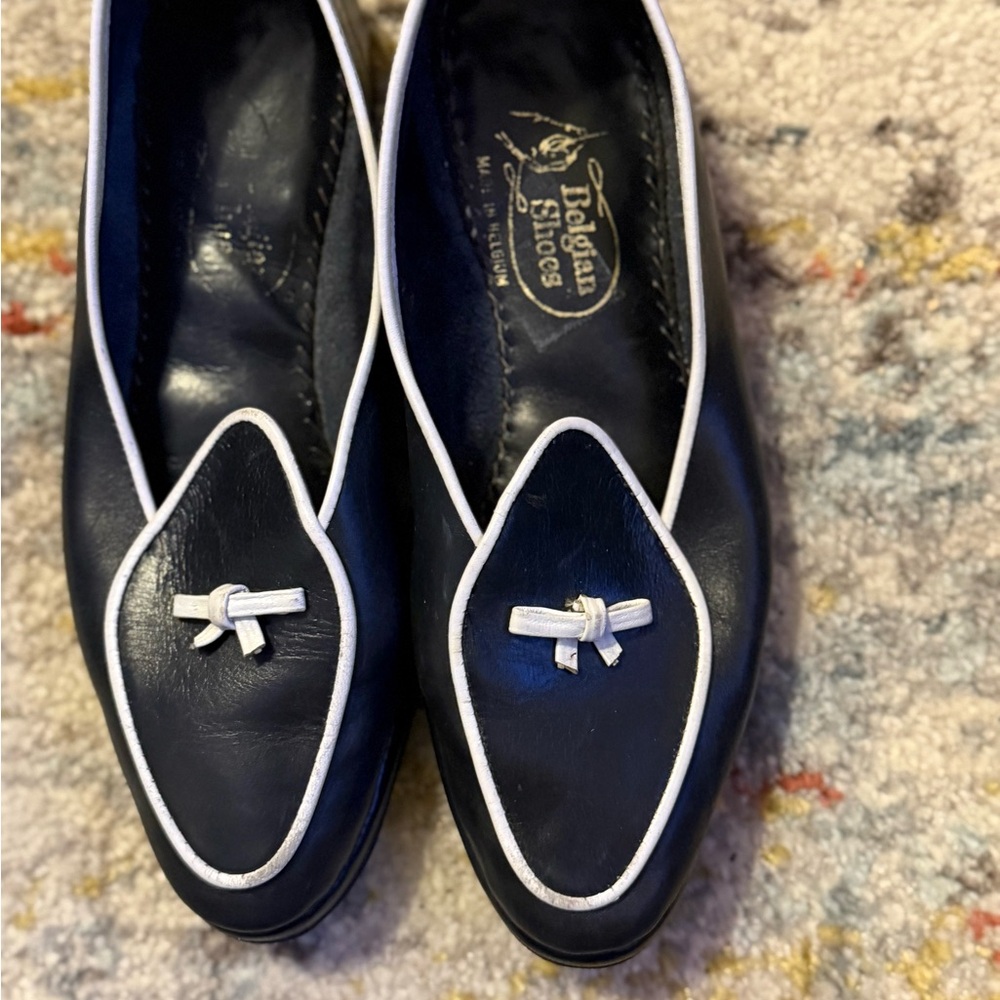 Belgian Shoes Black Travellete  Loafers with White Trim